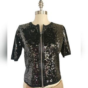 KAREN MILLEN Black Sequin Zip Up Sweater Jacket | SZ M